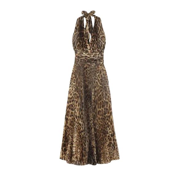 NWT Dolce & Gabbana Leopard Print Halter Neck Pleated Midi Dress 44 L - Picture 6 of 7